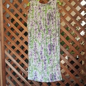Vintage Cotton Sateen Sleeveless Button Down Shift Dress, Green & Lilac Print